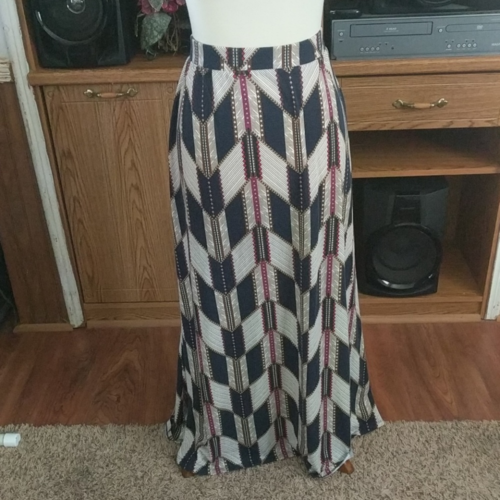 Blue, white, brown, maroon and red printed skirt